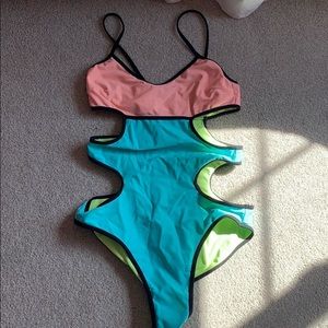 Blue and Peach One Piece Bathing Suit